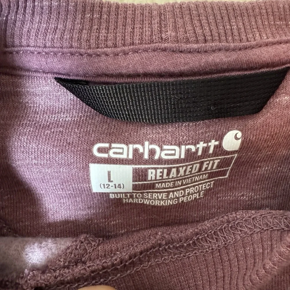 Carhartt Girls L 12-14 Relaxed Fit Sweatshirt Purple Logo Sleeve Crewneck